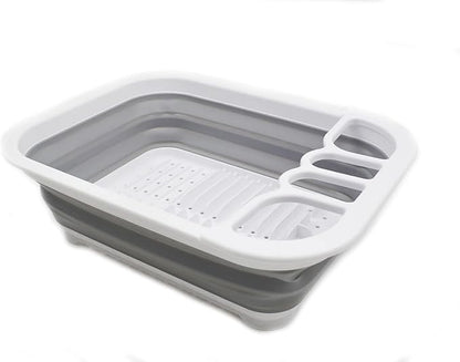 SAMMART Collapsible Plastic Dish Drainer - Foldable Drying Rack Set - Portable Dinnerware Organizer - Space Saving Dishes and Utensil Kitchen Storage (1, White/Grey (w/o Base Board))