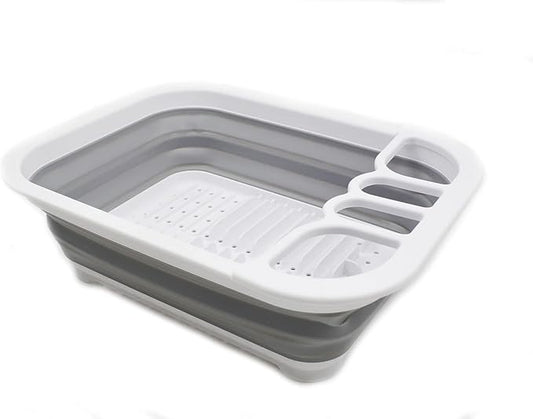 SAMMART Collapsible Plastic Dish Drainer - Foldable Drying Rack Set - Portable Dinnerware Organizer - Space Saving Dishes and Utensil Kitchen Storage (1, White/Grey (w/o Base Board))