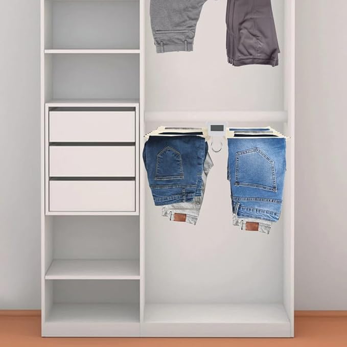 Pull Out Pants Rack Pants, 22 Arms Steel Pull Out Pants Rack 33lbs 23.2 * 18.1 * 3.7inch Hanging Installation Pants Hanger Bar Clothes Organizers for Hanging Jeans Pants Ties & Scarves (Beige)