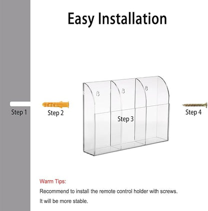 Hipiwe Wall Mount Remote Control Holder Clear Acrylic Media Organizer Storage Box Coffee Table and Nightstand Convenient Remote Control Caddy (Three Compartments)