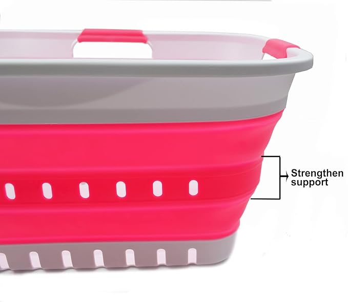 SAMMART 30L (8 gallon) Collapsible 3 Handled Plastic Laundry Basket - Foldable Pop Up Storage Container/Organizer - Portable Washing Tub - Space Saving Hamper/Basket (White/Rose Pink)