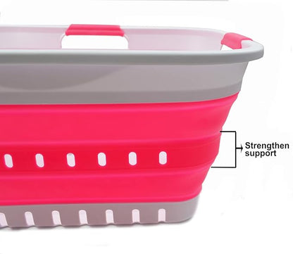 SAMMART 30L (8 gallon) Collapsible 3 Handled Plastic Laundry Basket - Foldable Pop Up Storage Container/Organizer - Portable Washing Tub - Space Saving Hamper/Basket (White/Rose Pink)