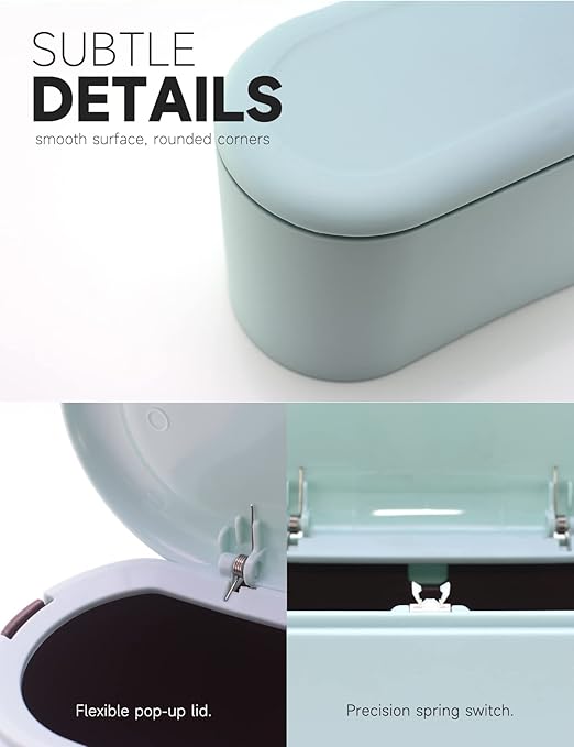 Mini Trash Can with Lid Removable Small Garbage Can, Tiny Plastic Trash Bin, Pop Up Countertop Wastebasket, Counter Garbage Lint Bin (Light Blue)