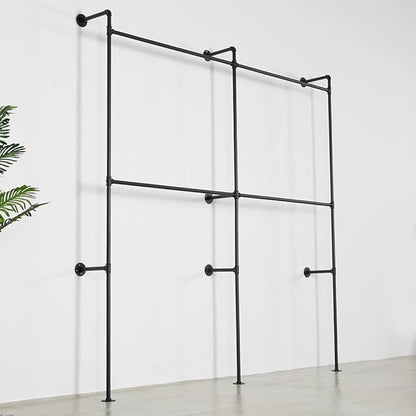 Industrial Pipe Clothing Rack Heavy Duty Double Closet Rod Clothes Rack, Clothing Rods for Hanging Clothes, Wall Mounted Clothes Garment Rack Closet System 90in Black