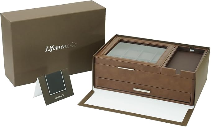 Lifomenz Co Mens Jewelry Box Valet Tray with Drawer and Charging Station Organizer -Brown