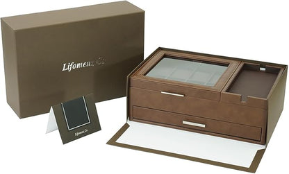 Lifomenz Co Mens Jewelry Box Valet Tray with Drawer and Charging Station Organizer -Brown