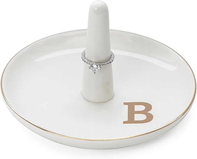 HOME SMILE Initials Ring Holder Jewery Tray with personalized B-Monogrammed Engagement Gifts for Friends,Birthday Mother's Day Christmas Gifts for Women,Ceramic White
