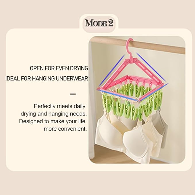 Multipurpose Clothes Drying Rack with 20 Clips – Foldable Sock Hanger with Rotating Hook – Space Saving Underwear & Bra Drying Rack – Portable Travel Laundry Hanger for Balcony Bathroom