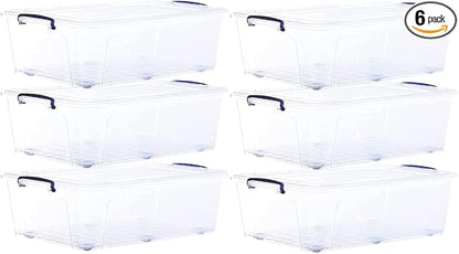 Superio Storage Bins with Lids- Clear Boxes for Organizing, Stackable Plastic Containers- BPA Free, Non-Toxic, Odor Free, Organizer for Home, Office, Dorm (6 Pack, 42 Qt (Under Bed-Wheeled))