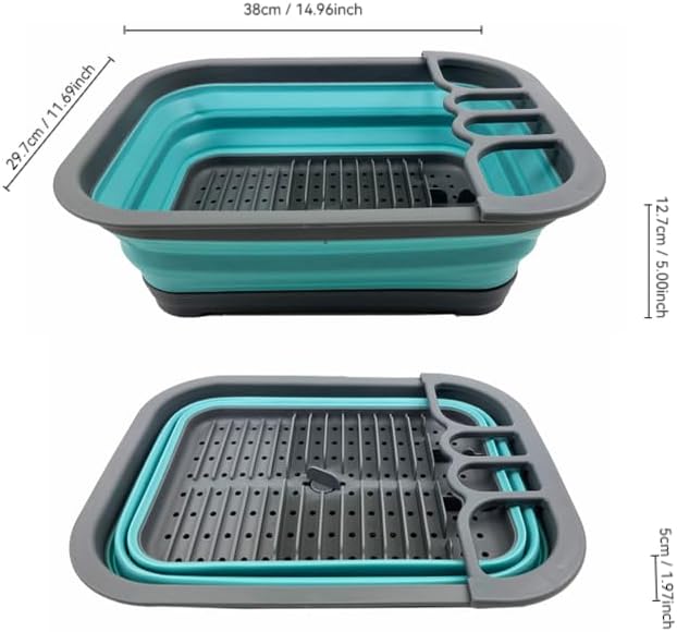 SAMMART 7.3L (1.9 Gallon) Collapsible Plastic Dish Drainer with Drainer Board - Foldable Drying Rack Set - Portable Dinnerware Organizer - Space Saving (Grey/Crystal Blue)