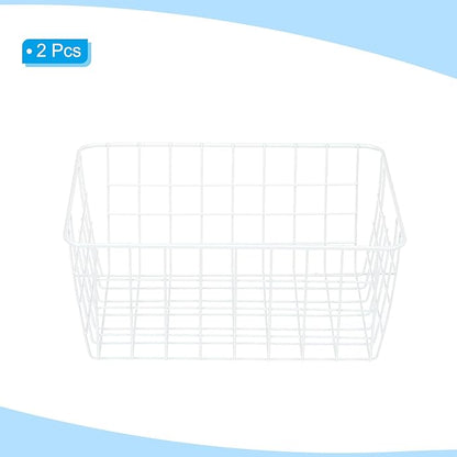 PATIKIL Kitchen Wire Basket, 2 Pack 11"L 9"W Pantry Organization Metal Storage Organizer Household Refrigerator Bin with Handles for Cabinets Closets Bedrooms, White