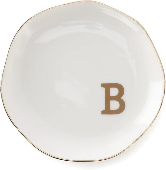 VINCOMIC Initials Ring Dish Jewery Tray with Personalized B-Monogrammed Gifts Wedding Engagement for Women Friends sister,Ceramic White