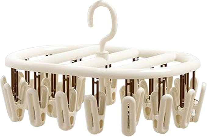 Beige Socks Drying Rack, Foldable Multifunctional Clothes Hanger with 12 or 20 Clips, Plastic, Space-Saving for Socks, Underwear, Gloves, Towels, Rotatable Hook for Easy Hanging (20 Clips)