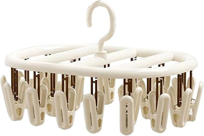Beige Socks Drying Rack, Foldable Multifunctional Clothes Hanger with 12 or 20 Clips, Plastic, Space-Saving for Socks, Underwear, Gloves, Towels, Rotatable Hook for Easy Hanging (20 Clips)