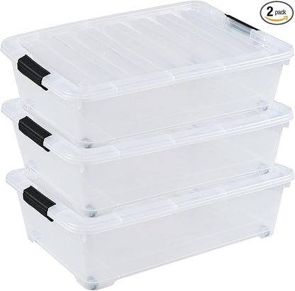 Yesdate 3-Pack 20 Quart Plastic Wheeled Latching Storage Boxes, Stackable Underbed Organizer Bins with Lid, Clear