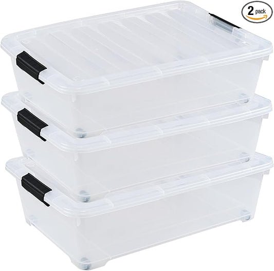 Yesdate 3-Pack 20 Quart Plastic Wheeled Latching Storage Boxes, Stackable Underbed Organizer Bins with Lid, Clear