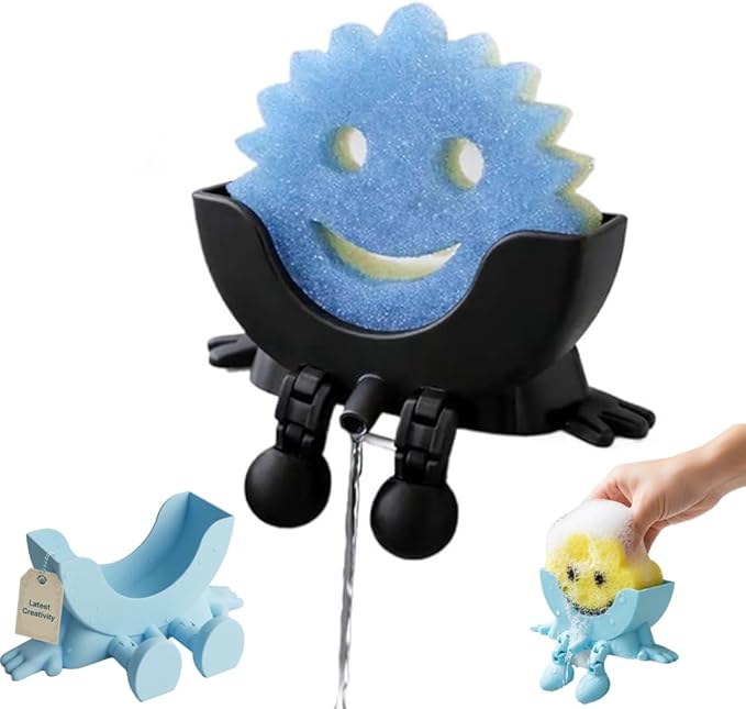 3D Printed Sponge Holder for Scrub Daddy Cute Smiley Sponge Holder with Drainage Funny Sponges Stand for Kitchen Sink Accessories Organizer Storage Utility Declutter Gadgets (Black)