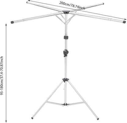 Folding Tripod Clothes Drying Rack, Silver Portable Drying Rack, Adjustable Height and Extendable, X-Shaped Adjustable Laundry Rack with 10 Windproof Hooks for Drying Skirts, Shirts, Pants
