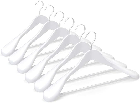 TOPIA HANGER White Wooden Coat Hanger 6 Pack, Wood Suit Hangers,Glossy Finish with Extra-Wide Shoulder, Thicker White Hooks & Anti-Slip Bar,Suitable for Coat, Suit,Dress,Jacket,Heavy Cloth - CT02W