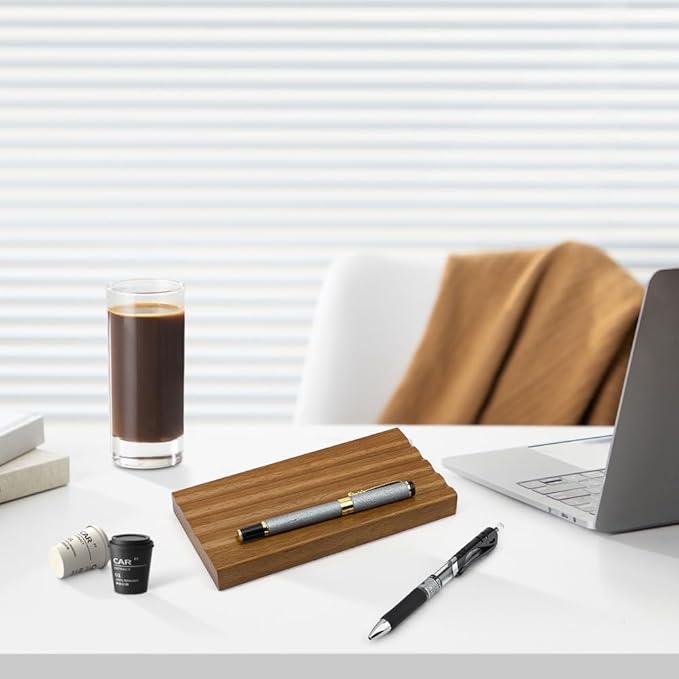 MAYJOYDIY Wooden Desk Pen Pencil Tray 4 Fountain Pen Holder Minimalist Valet Tray Pencil Case Organizer Suitable for School, Home, Office Desktop Office Art Accessories (Coconut Brown)