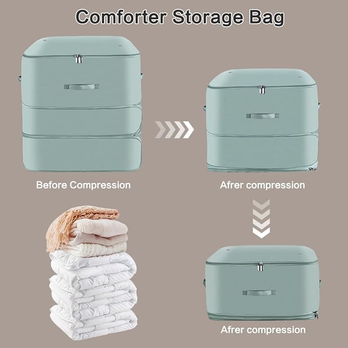 Space Saving Self Compression Organizer,Compression Storage Bags for Bedding and travel,Storage bags for Blankets Duvet Quilts Pillows, Comforter Storage with zippered ventilation holes（Green XL）
