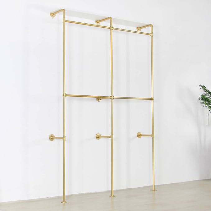 Modern Simple Industrial Pipe Double Hanging Rods Clothing Rack with Shelves, Heavy Duty Metal Clothes Rack Bedroom Freestanding Wardrobe Closet Rack, 93in Gold