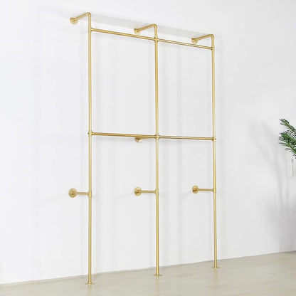Modern Simple Industrial Pipe Double Hanging Rods Clothing Rack with Shelves, Heavy Duty Metal Clothes Rack Bedroom Freestanding Wardrobe Closet Rack, 93in Gold