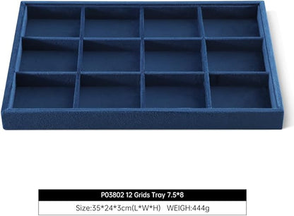 Velvet Stackable Jewelry Display Tray, 12 Grid Watch Bangle Bracelet Storage Tray, Makeup Drawer Insert Jewelry Shop Organizer Plate (Blue)