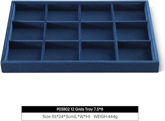 Velvet Stackable Jewelry Display Tray, 12 Grid Watch Bangle Bracelet Storage Tray, Makeup Drawer Insert Jewelry Shop Organizer Plate (Blue)