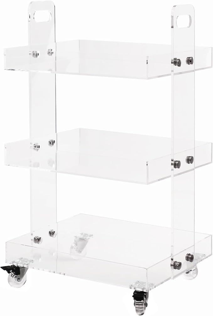 3-Tier Acrylic Utility Rolling Cart, Utility Rolling Cart Storage Cart with Wheels for Home Bar, Kitchen, Living Room, 16.4" L x 13.4'' W x 27.6'' H