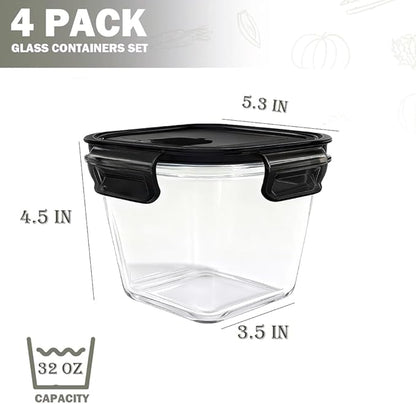 H.JSS WDJS 4 Cup Square Borosilicate Glass Food Storage Containers, 32oz Tall Glass Soup Containers with Lids, Large Square Meal Prep Bowl for Food, Salad, Lunch, Deli, Microwave, Freezer Saf (4Pack)