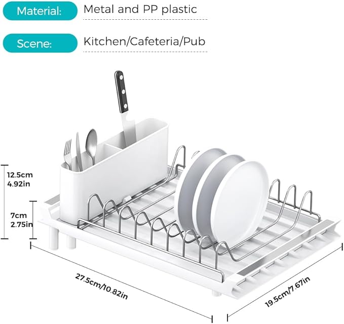 YOJIA Stainless Steel Dish Drying Rack, Extendable Dish Drainer Rack, Drainboard, Detachable Cup Shelf, Rustproof Multifunctional Organizer for Kitchen Counter, Cup Holders, Utensil Holder (10-White)