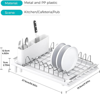 YOJIA Stainless Steel Dish Drying Rack, Extendable Dish Drainer Rack, Drainboard, Detachable Cup Shelf, Rustproof Multifunctional Organizer for Kitchen Counter, Cup Holders, Utensil Holder (10-White)