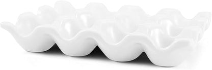 Flexzion 12 Eggs Ceramic Egg Holder, 12 Porcelain Egg Tray Storage Box, Non-Slip Egg Plate, Egg Holder, Egg Carrier Egg Box for Home, Kitchen, Fridge, Restaurant, White