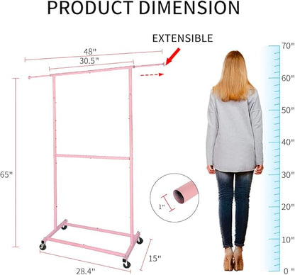 Pink Simple Standard Double Rod Rolling Clothing Garment Rack for Hanging Clothes, Metal Clothes Organizer with Lockable Wheels Mobile for Women, Girls and Kids, Portable Freestanding