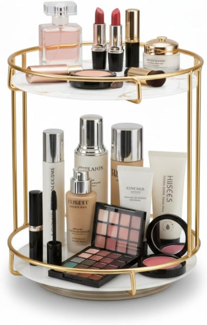 360° Rotating Makeup Organizer Countertop, 2-Tier Golden Vanity Organizer with Glass Shelves, Spinning Cosmetic Display Case for Bathroom & Bedroom, Tall Storage for Large Bottles
