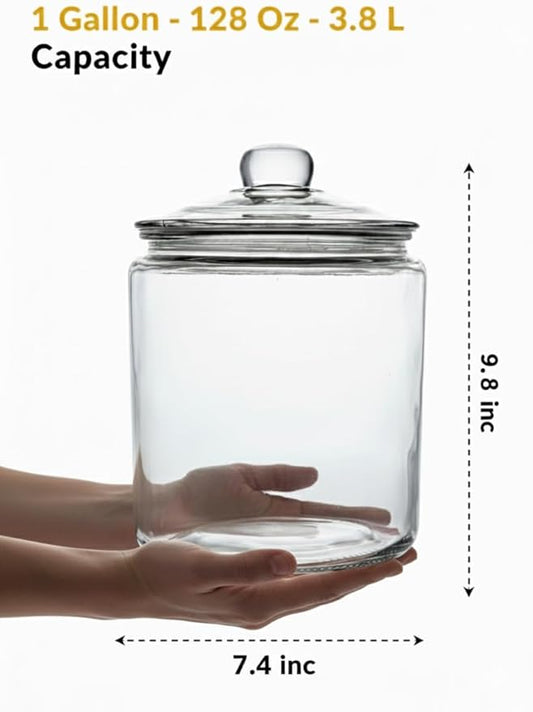 Glass Cookie Jar - 1 Gallon Wide Mouth Glass Jar With Lid - Extra Gasket - Large Food Storage Container, Candy Jar With Airtight Lid, Pet Food, Flour, Detergent Pods, Kitchen or Laundry Room