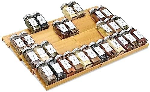 KitHero Spice Drawer Organzier,4 Tiers- 8Pcs Bamboo Spice Rack Tray Insert for Cabinet Drawer Countertop, Kitchen Seasoning Storage Drawer Organization,22" Wide x 15.8" Deep （Hold UP To 48 Jars