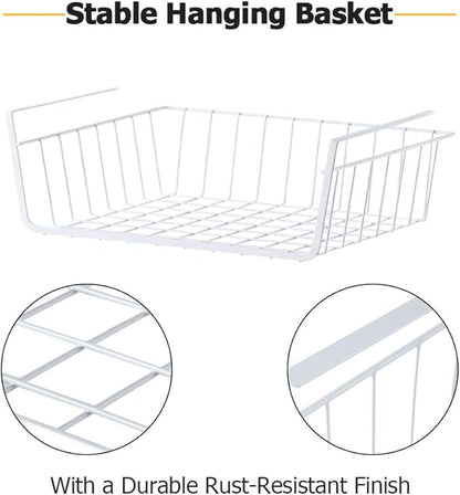 4 Pack Under Shelf Basket, Dveda Durable Metal Wire Rack Hanging Shelf Storage Basket, Under Cabinet Organizer Shelf for Kitchen/Pantry/Bathroom/Desk - Slide Arms Height:1.45 in(White)