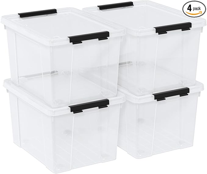 Buyitt 40 Quart Plastic Storage Bin, Stackable and Nestable Storage Boxes with Lids and Secure Latching Buckles, Storage Container for Home or Office Organization (Clear, 40Quart-4Pack)