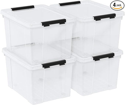 Buyitt 40 Quart Plastic Storage Bin, Stackable and Nestable Storage Boxes with Lids and Secure Latching Buckles, Storage Container for Home or Office Organization (Clear, 40Quart-4Pack)