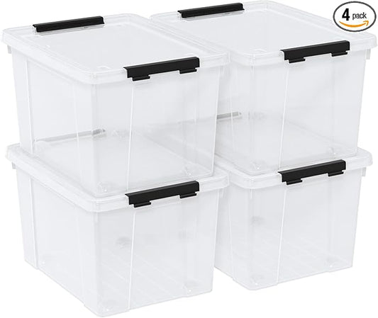 Buyitt 40 Quart Plastic Storage Bin, Stackable and Nestable Storage Boxes with Lids and Secure Latching Buckles, Storage Container for Home or Office Organization (Clear, 40Quart-4Pack)