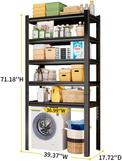 Over Washer and Dryer Shelves, 5 Tier Adjustable Metal Washing Machine Shelf, Sturdy and Spacious Laundry Room Organization and Storage Rack, 39.37''W*17.72''D*71.18''H, Black