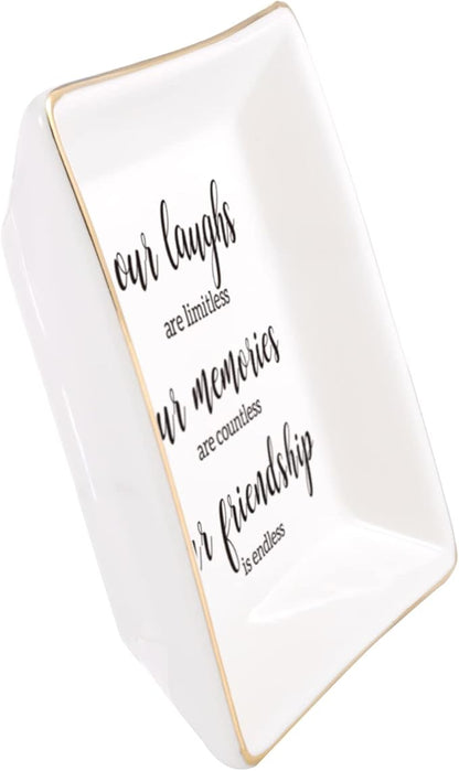JOYIMARR Endless Friendship Gifts Ceramic Ring Dish Jewelry Tray,Birthday Gifts For Best Friend-Our Laughs Are Limitless,Our Memories Are Countless,Our Friendship Is Endless