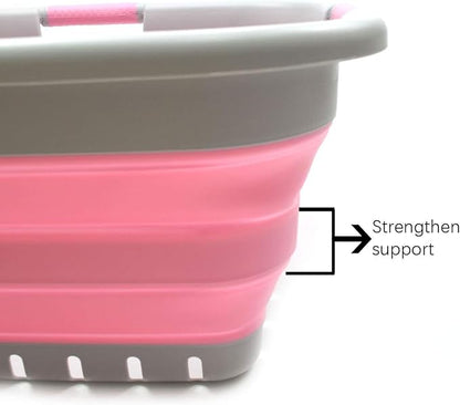 SAMMART 41L (10.8 gallon) Set of 2 Collapsible 3 Handled Plastic Laundry Basket-Foldable Pop Up Storage Container/Organizer-Space Saving Hamper/Basket (2, Grey/Pink)