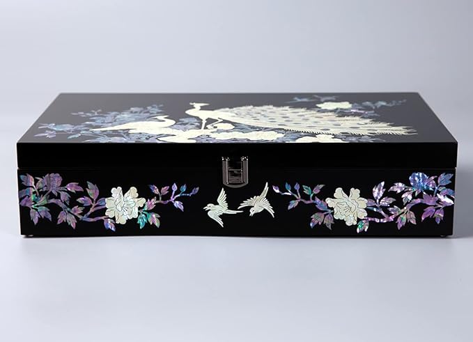 Antique Alive Mother of Pearl Wood Sunglasses Box Eyeglasses Valet Display Storage Case for Glasses Jewelry Trinkets Accessory Organizer (Peacock Black)