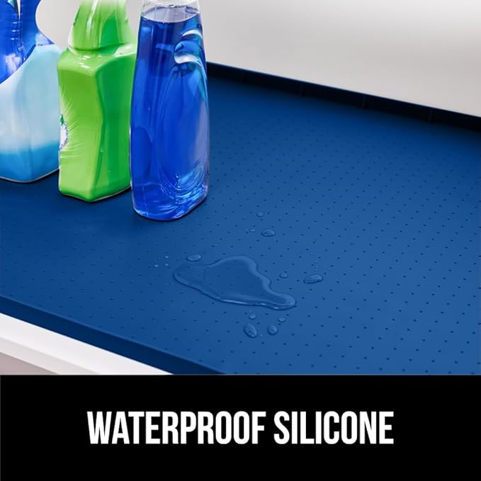 GORILLA GRIP Waterproof Silicone Under Sink Mat with Raised Lip for Kitchen and Bathroom, 46 x 22 in, Cabinet Shelf Liner Stay in Place Mats Dishwasher Safe Drawer Liner, Organizer Tray, Blue