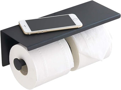 BGL 304 Stainless Steel Double Toilet Paper Holder Wall Mounted Matte Black Two Heads Roll Tissue Paper Holder with Shelf (Black)
