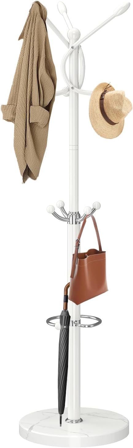 Metal Coat Rack with Natural Marble Base,Coat Rack Stand with 10 Hooks & Umbrella Holder,Modern Freestanging Coat Racks,White Standing Coat Jacket Hanger Tree Stand for Corner Entryway