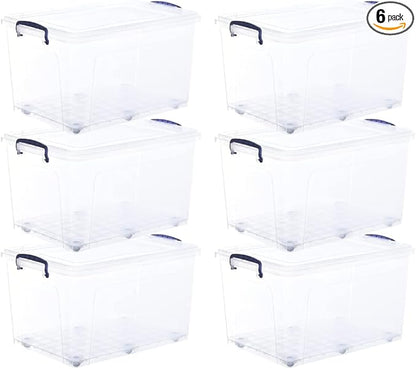 Superio Storage Bins with Lids- Clear Boxes for Organizing, Stackable Plastic Containers- BPA Free, Non-Toxic, Odor Free, Organizer for Home, Office, Dorm (6 Pack, 44 Qt (Wheeled))